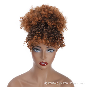 Vigorous Wholesale Price Afro Puff With Bangs Ponytail Hair Extension Fiber Ombre Brown For Black Women Synthetic Afro Hair Bun